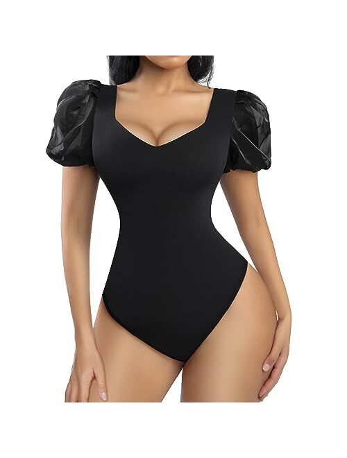 FeelinGirl Bodysuit for Women Tummy Control Seamless Thong Body Shaper Tank Top Short Puff Sleeve Body Suit