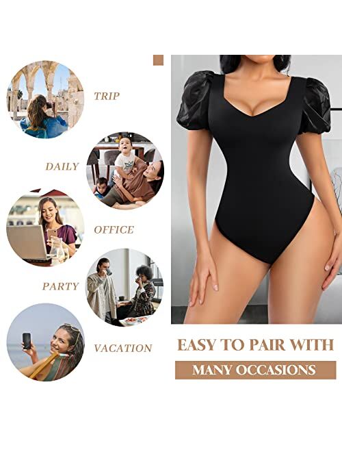 FeelinGirl Bodysuit for Women Tummy Control Seamless Thong Body Shaper Tank Top Short Puff Sleeve Body Suit