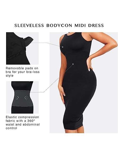FeelinGirl Tank Dress for Women Crew Neck Knee Length Seamless Sleeveless Bodycon Midi Slim Fit Dresses with Bra Pads