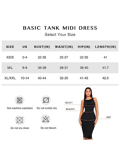 FeelinGirl Tank Dress for Women Crew Neck Knee Length Seamless Sleeveless Bodycon Midi Slim Fit Dresses with Bra Pads