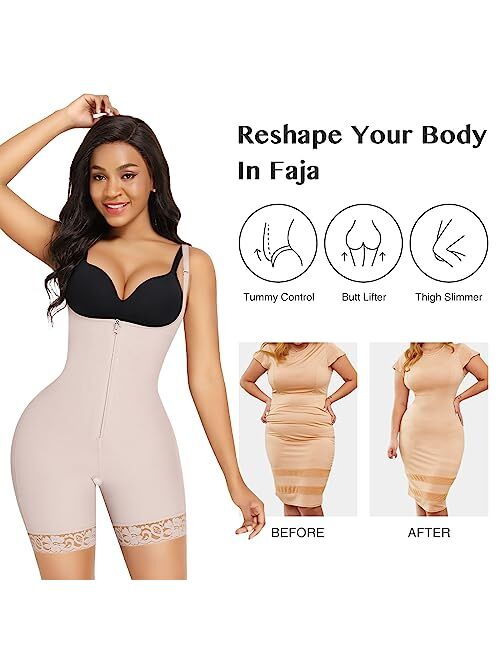 FeelinGirl Tummy Control Shapewear for Women Butt Lifter Mid Thigh Fajas Colombianas Zipper Open Bust Body Shaper