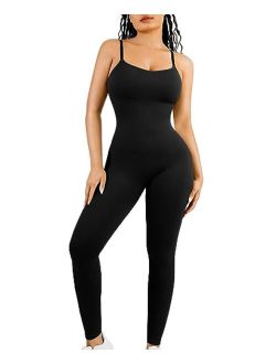 Jumpsuits for Women Seamless Ribbed One Piece Spaghetti Straps Scoop Neck Rompers Built in Bra Shaper Unitard