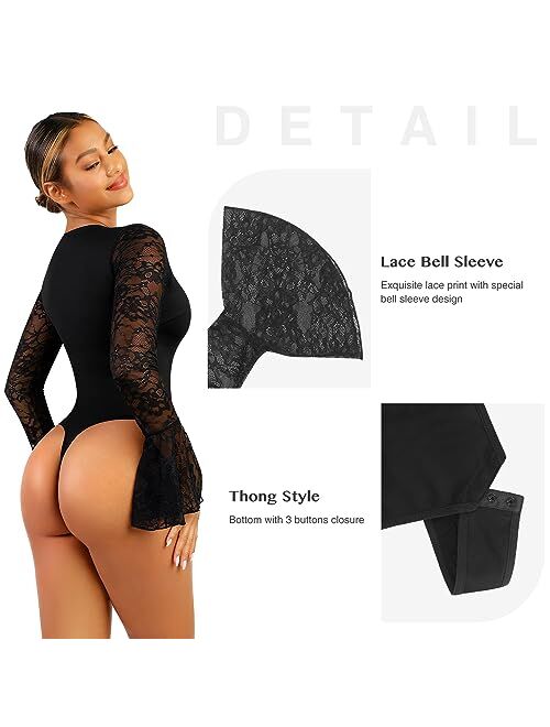 FeelinGirl Bodysuit for Women Deep V Neck Long Bell Sleeve Tops for Tummy Control Thong Sheer Lace Shaper S-2XL