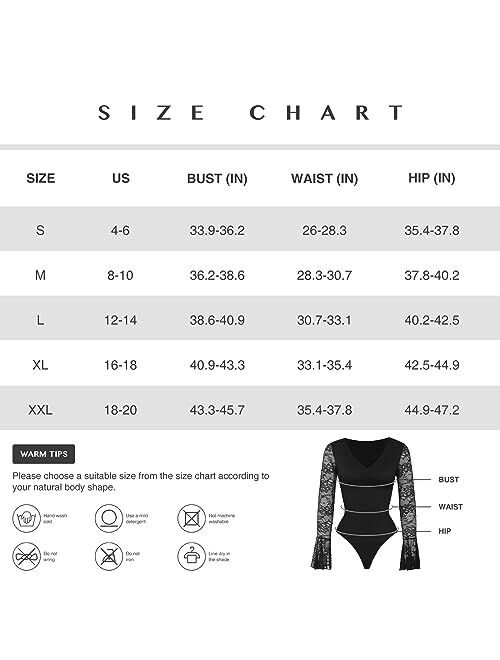 FeelinGirl Bodysuit for Women Deep V Neck Long Bell Sleeve Tops for Tummy Control Thong Sheer Lace Shaper S-2XL