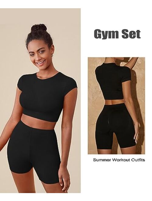 FeelinGirl Workout Sets for Women 2 Piece Workout Outfits Short Sleeve Gym Set Seamless Crop Top High Waist Shorts