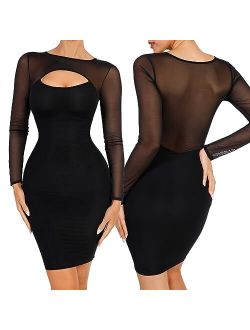 Bodycon Dress for Women Shapewear Dress Long Sleeve Sheer Mesh Dress with Built in Bra Cut Out Party Dress