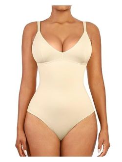 Bodysuit For Women Deep V Neck Thong Shapewear Tummy Control Seamless Body Shaper Sleeveless