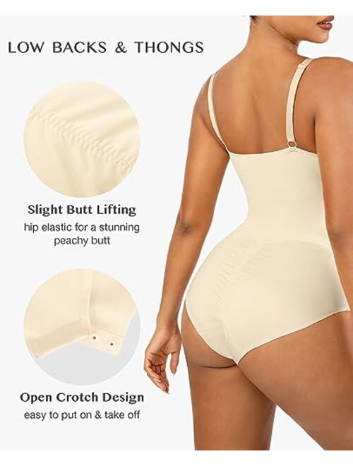 FeelinGirl Bodysuit For Women Deep V Neck Thong Shapewear Tummy Control Seamless Body Shaper Sleeveless