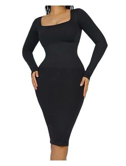 Women Long Sleeve Retro Bodycon Dresses for Women Maxi Shaper Dress with Removable Bra Shapewear Dress