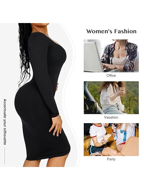 FeelinGirl Women Long Sleeve Retro Bodycon Dresses for Women Maxi Shaper Dress with Removable Bra Shapewear Dress