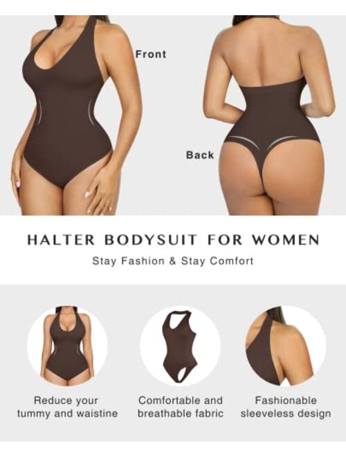 FeelinGirl Halter Bodysuit for Women Leotard V Neck Sleeveless Backless Bodysuit Thong Tank Tops