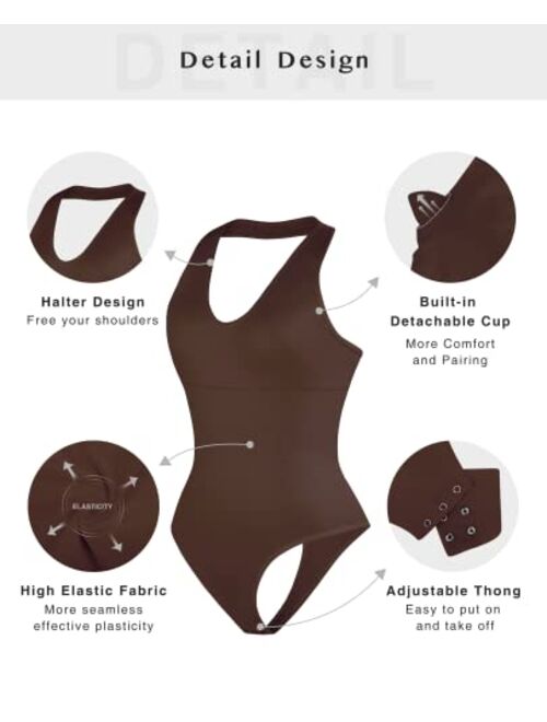 FeelinGirl Halter Bodysuit for Women Leotard V Neck Sleeveless Backless Bodysuit Thong Tank Tops