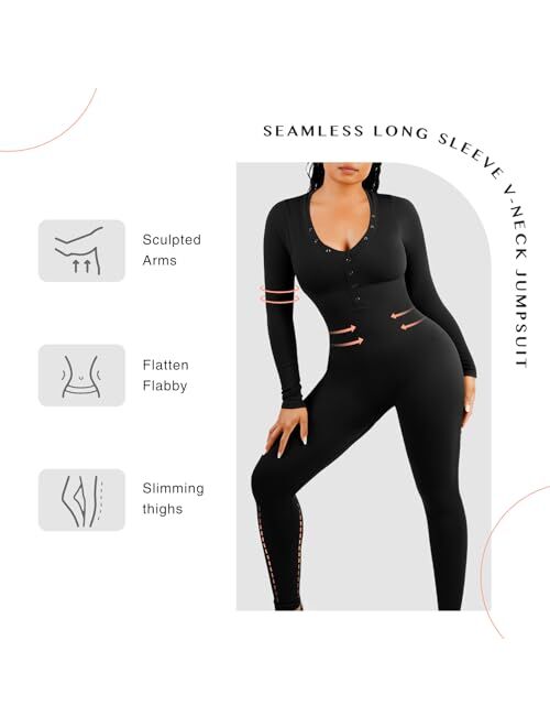 FeelinGirl Women's Long Sleeve V-neck Bodycon Jumpsuit One-piece Seamless Ribbed Romper Long Skinny Pants Bodysuit