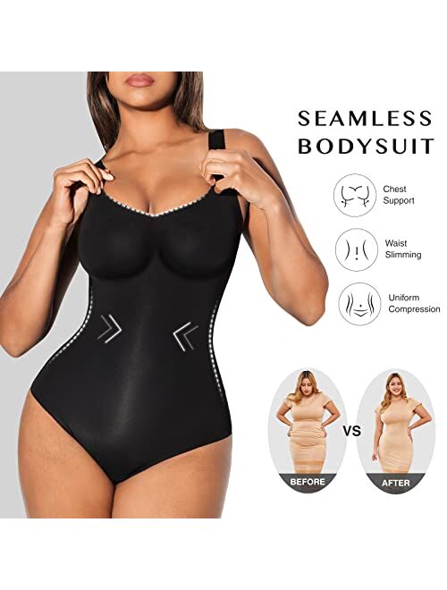 FeelinGirl Square Neck Bodysuit For Women Tummy Control 3 IN 1 Sleeveless Tank Tops Body Suits With Built In Bra