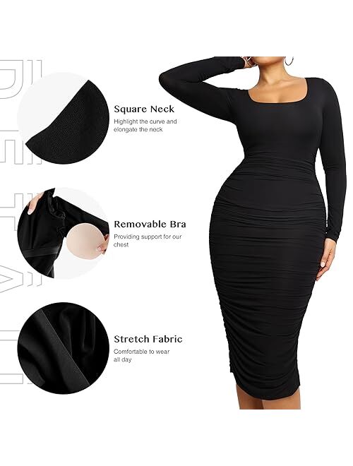FeelinGirl Shaping Dress for Women Ruched Bodycon Dress Tummy Control Built in Bra Long Sleeve Dress