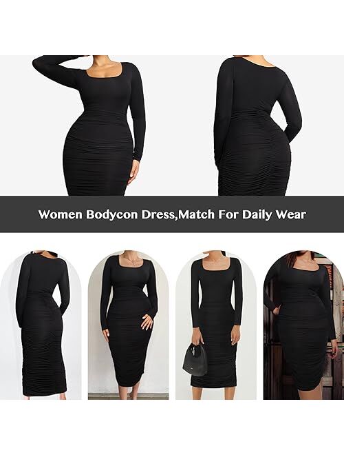 FeelinGirl Shaping Dress for Women Ruched Bodycon Dress Tummy Control Built in Bra Long Sleeve Dress