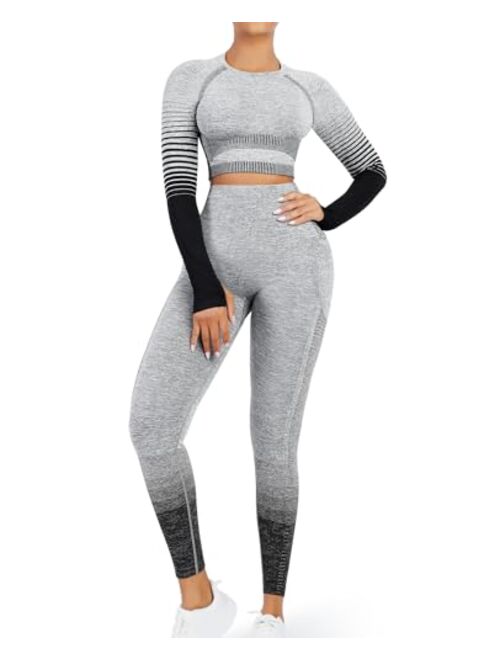 FeelinGirl Workout Sets for Women 2 Piece Long Sleeve Gym Outfit Yoga Set Crop Top High Waist Legging with Pocket