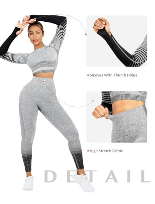 FeelinGirl Workout Sets for Women 2 Piece Long Sleeve Gym Outfit Yoga Set Crop Top High Waist Legging with Pocket