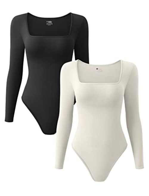 OQQ Women's 2 Piece Bodysuits Sexy Ribbed One Piece Square Neck Long Sleeve Bodysuits