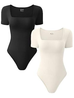 Women's 2 Piece Bodysuits Sexy Ribbed One Piece Square Neck Short Sleeve Bodysuits