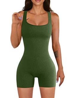 Women Yoga Rompers Workout Ribbed Square Neck Sleeveless Sport Romper