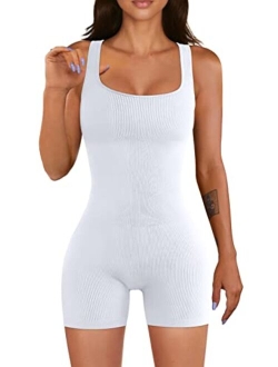 Women Yoga Rompers Workout Ribbed Square Neck Sleeveless Sport Romper