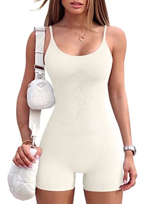 OQQ Women's Yoga Rompers One Piece Ribbed Spaghetti Strap Exercise Romper