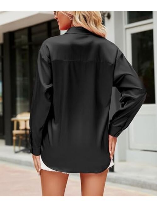 Damipow Satin Silk Button Down Shirts for Women Dress Shirts Long Sleeve Blouses Womens Shirts