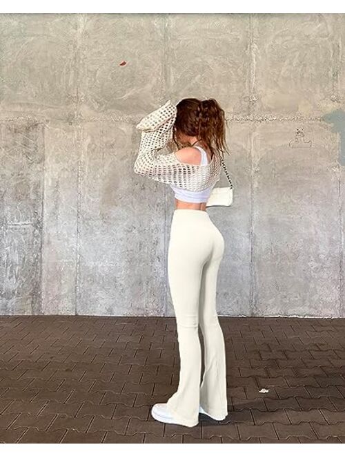 OQQ Women's 2 Piece Yoga Pants Ribbed Seamless Workout High Waist Bell Bottoms Flare Leggings