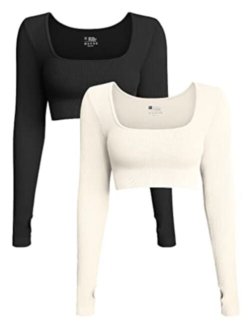 OQQ Women's 2 Piece Crop Top Ribbed Seamless Workout Exercise Long Sleeve Crop Tops