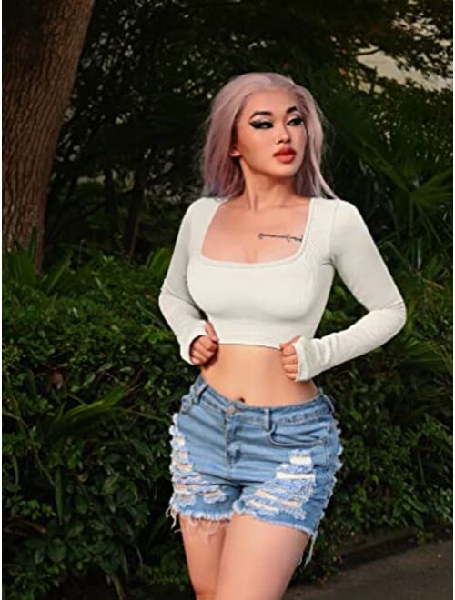 OQQ Women's 2 Piece Crop Top Ribbed Seamless Workout Exercise Long Sleeve Crop Tops