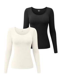 Womens 2 Piece Long Sleeve Tops Round Neck Stretch Fitted Underscrubs Layer Tee Shirts Tops