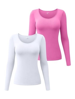 Womens 2 Piece Long Sleeve Tops Round Neck Stretch Fitted Underscrubs Layer Tee Shirts Tops