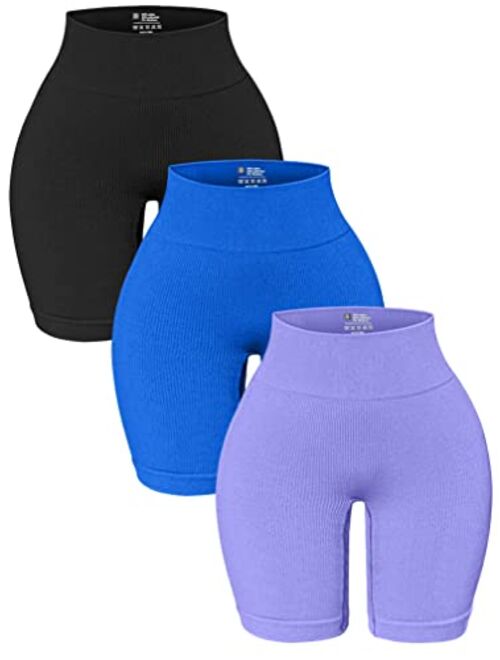 OQQ 3 Pack High Waisted Yoga Shorts for Women Ribbed Seamless Tummy Control Workout Athletic Shorts