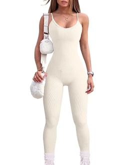 Women's Yoga Jumpsuits Sexy Ribbed One Piece Spaghetti Straps Tummy Control JumpSuits