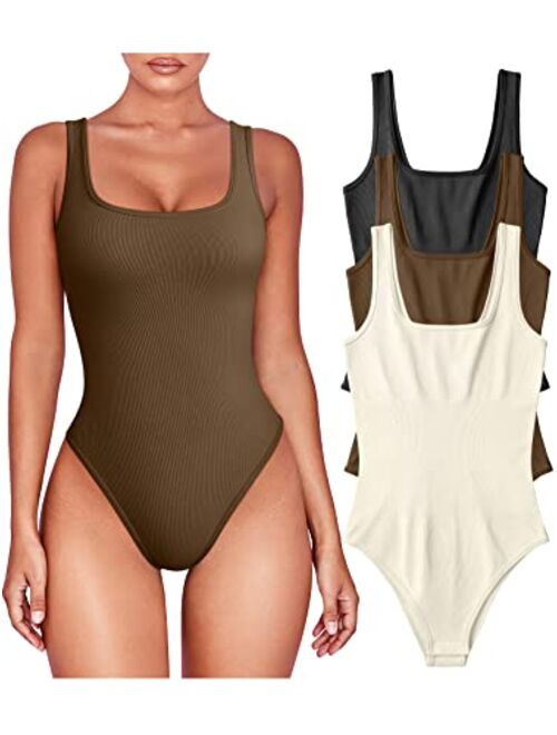 OQQ Women's 3 Piece Bodysuits Sexy Sleeveless Square Neck Shapewear Tank Tops Bodysuits
