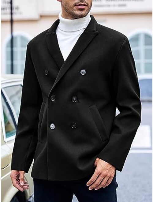 Runcati Mens Classic Wool Blend Pea Coat Double Breasted Coat Notched Lapel Overcoat Winter Warm Jacket