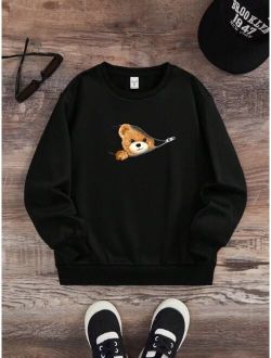 SHEIN Kids QTFun Tween Boy Bear Print Thermal Lined Sweatshirt