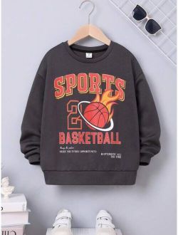 SHEIN Kids SPRTY Tween Boy Basketball Slogan Graphic Thermal Lined Sweatshirt