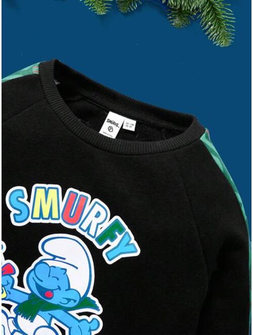 SHEIN X The Smurfs Tween Boy Cartoon Letter Graphic Raglan Sleeve Sweatshirt
