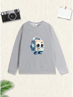 Boys Trendy Printed Round Neck Sweatshirt For Casual Street Style Autumn And Winter