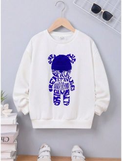 SHEIN Kids EVRYDAY Tween Boy Bear Letter Graphic 3D Hat Drop Shoulder Sweatshirt