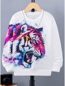 SHEIN Kids EVRYDAY Tween Boy Tiger Print Drop Shoulder Sweatshirt