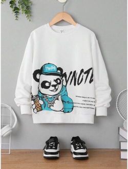 SHEIN Kids QTFun Boys Panda Big Letter Slogan Print Street Style Casual Knit Sweatshirt For Summer