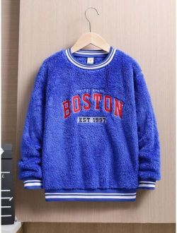 Tween Boy Letter Embroidery Striped Trim Flannel Pullover