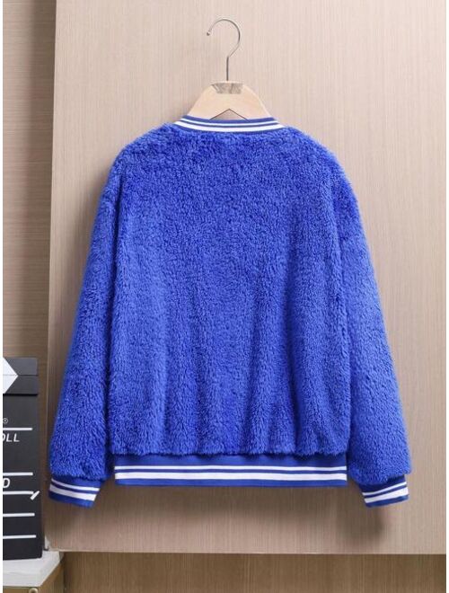 SHEIN Tween Boy Letter Embroidery Striped Trim Flannel Pullover