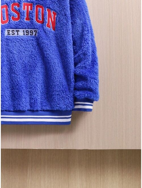 SHEIN Tween Boy Letter Embroidery Striped Trim Flannel Pullover