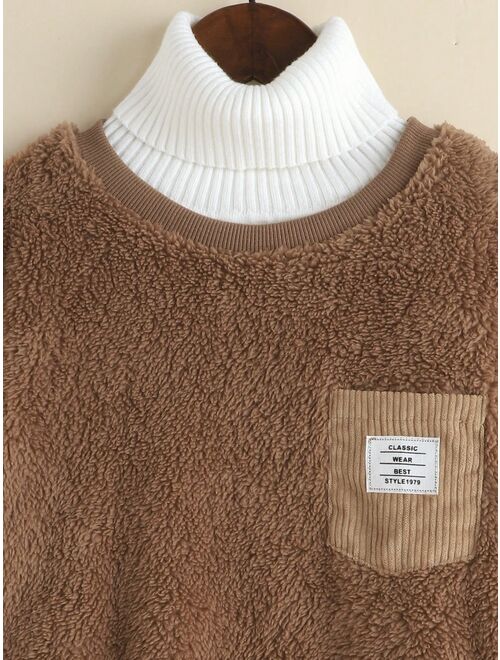 Tween Boy Letter Patched Detail Pocket Front Teddy Sweatshirt Without Sweater