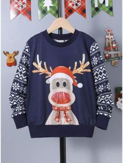 Tween Boy Christmas Elk Geo Print Pullover