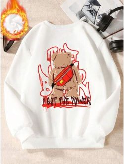 Tween Boy Bear And Letter Graphic Thermal Lined Sweatshirt